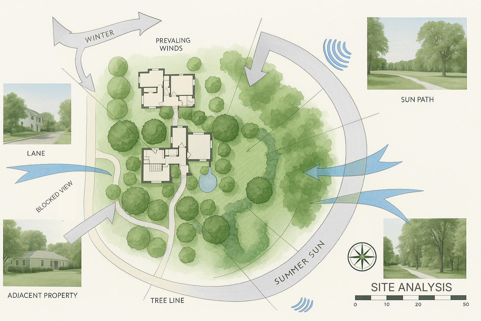 Infographic of house site analysis including land, sun, access, neighbors, rules, and utilities.