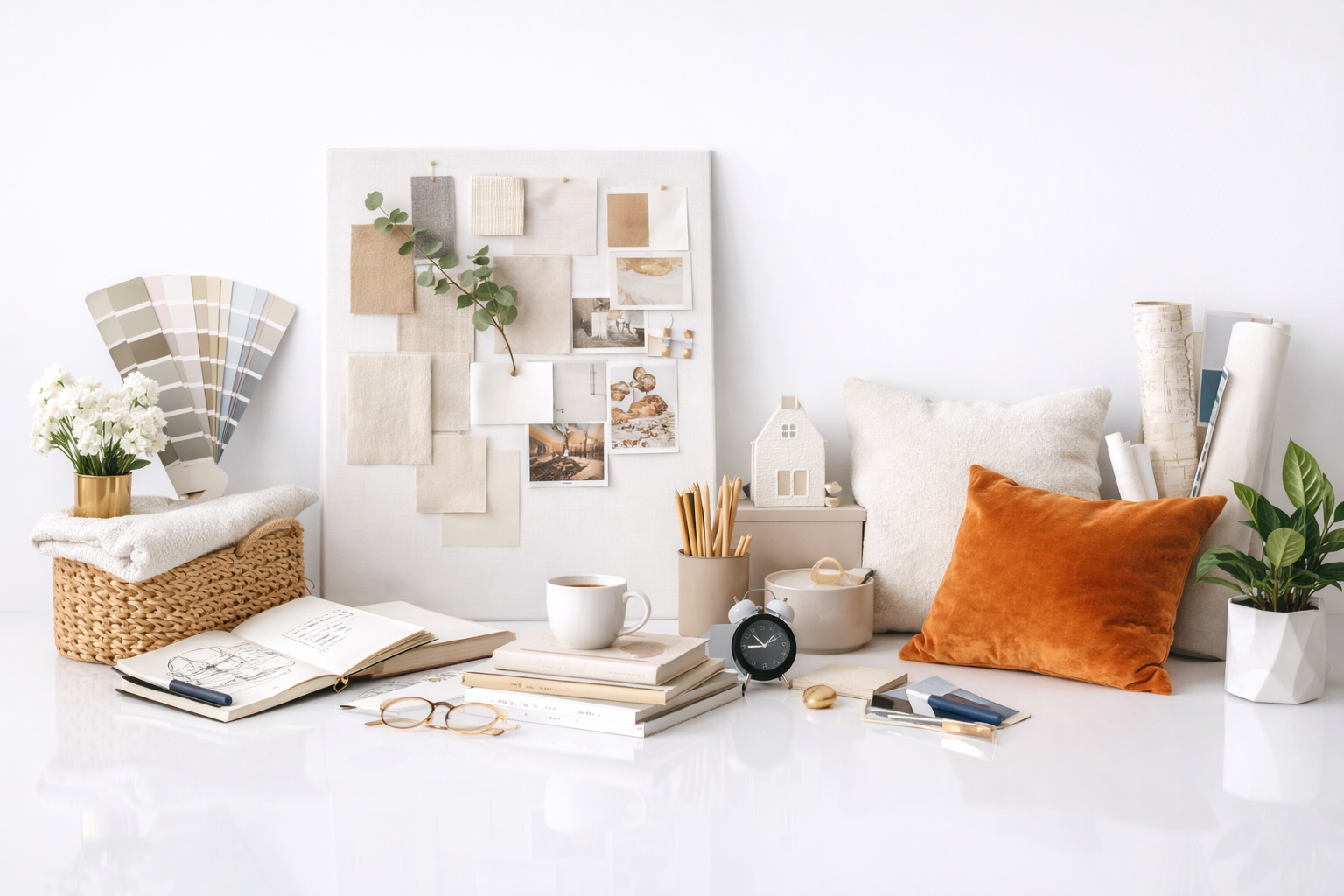 Minimal interior design workspace showing personal style through materials and objects.
