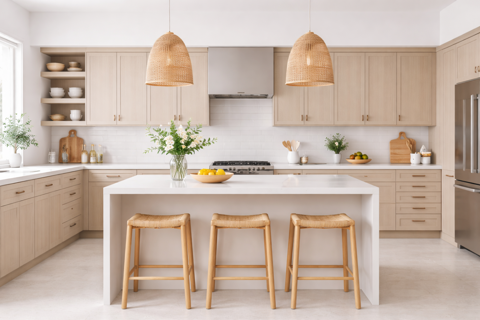 Kitchen interior showing rhythm through repeated cabinet widths, aligned hardware, even lighting spacing, and balanced island proportions.