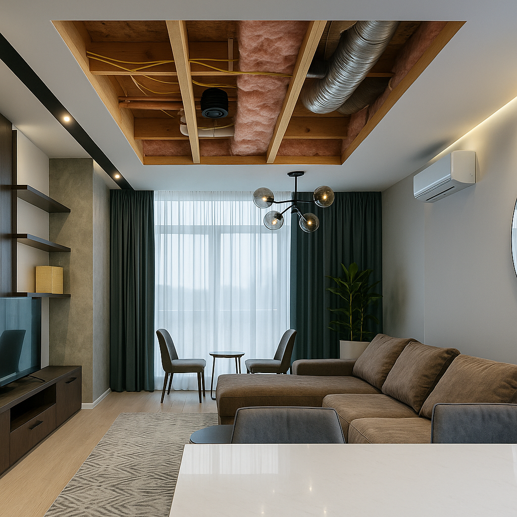 A real depiction of a modern living room with ceiling cutaway showing joists, insulation, wiring, and ductwork.