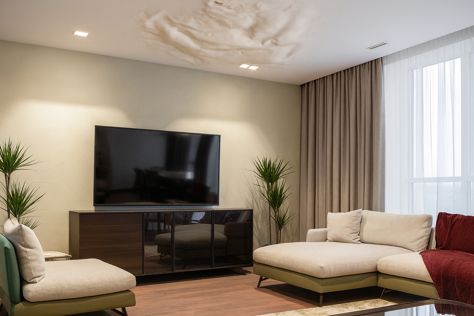 A real example of sagging drywall ceiling.