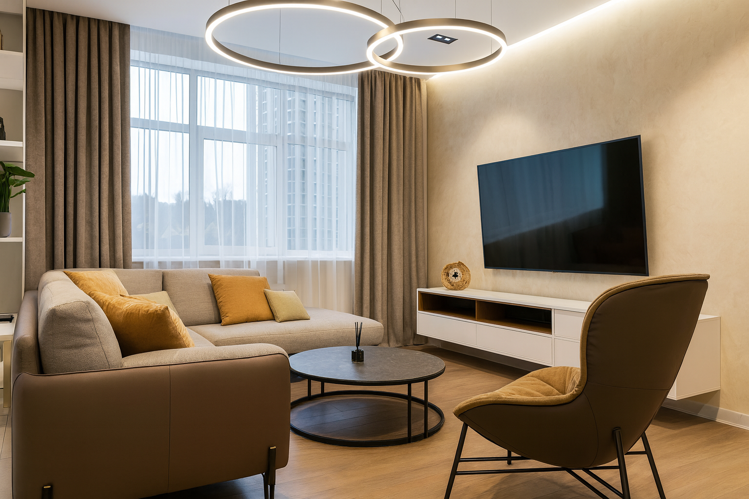 Modern living room with energy-efficient LED ceiling lighting.