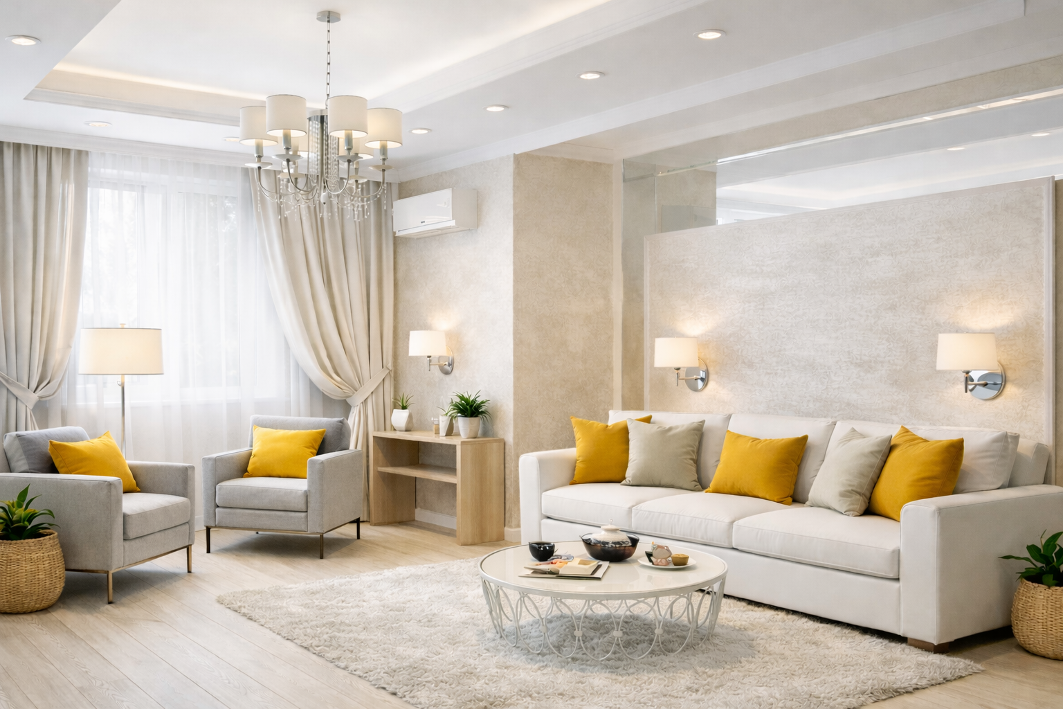 Modern living room with neutral tones and mustard accent cushions.