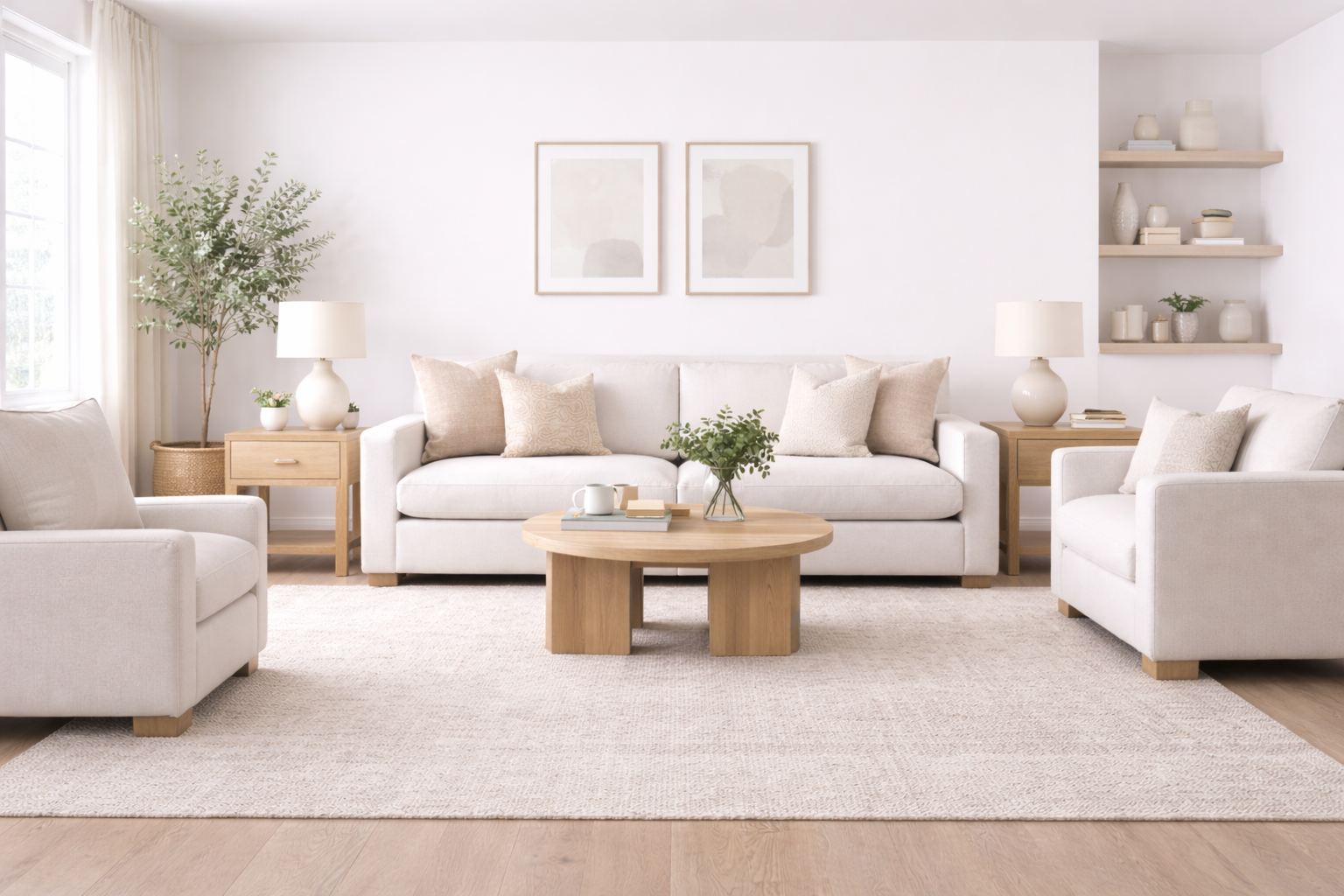 Living room interior showing rhythm through repeated seating heights, aligned lighting, balanced furniture scale, and visual flow.