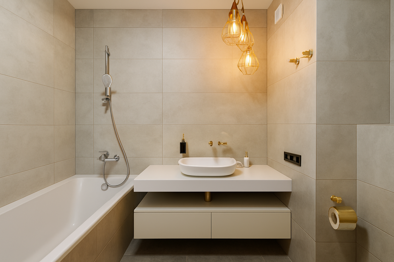 Modern bathroom with elegant gold details and soft warm lighting.