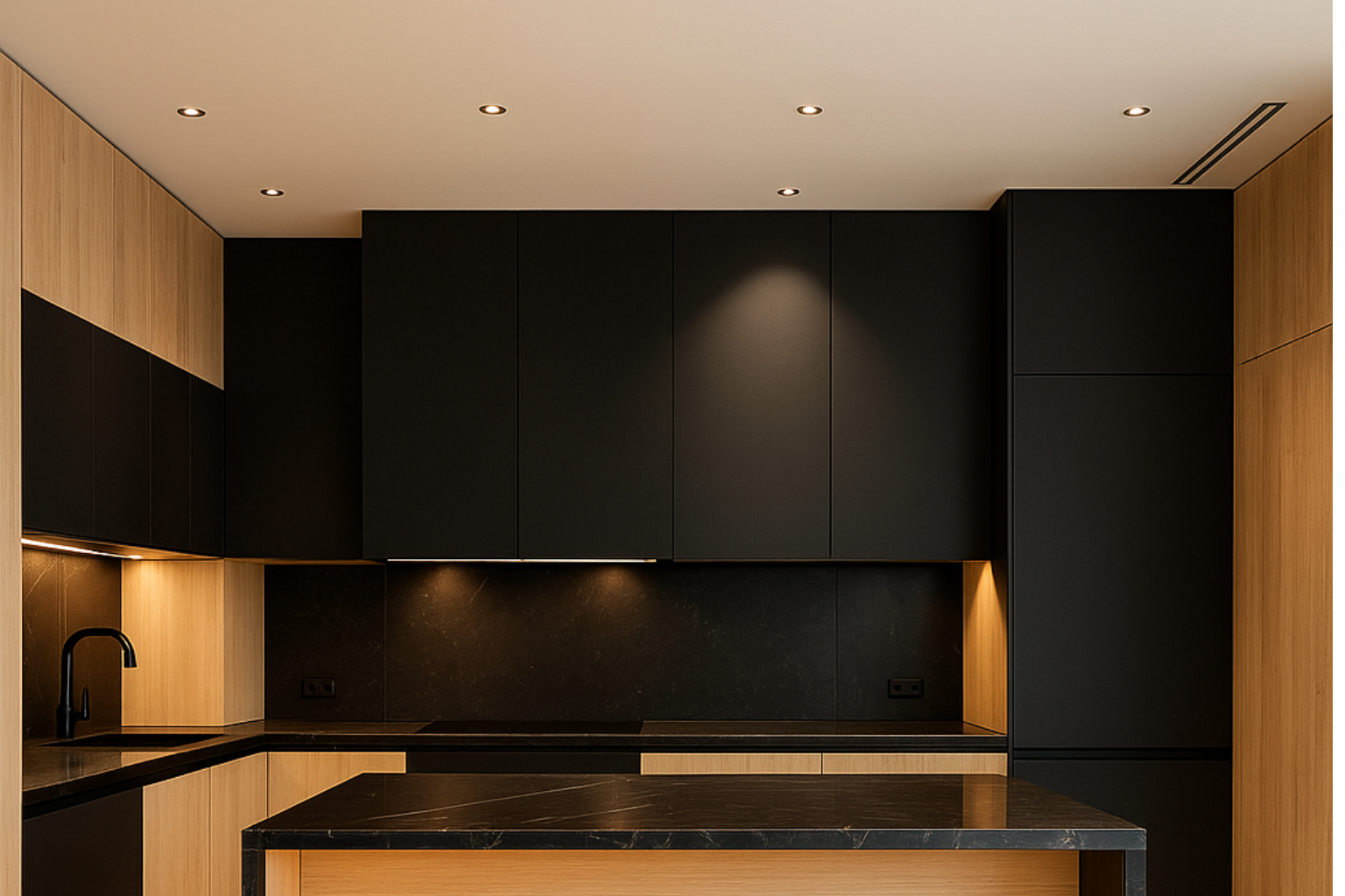 Professional modern kitchen with high-end lighting cleverly integrated into sleek contemporary design.