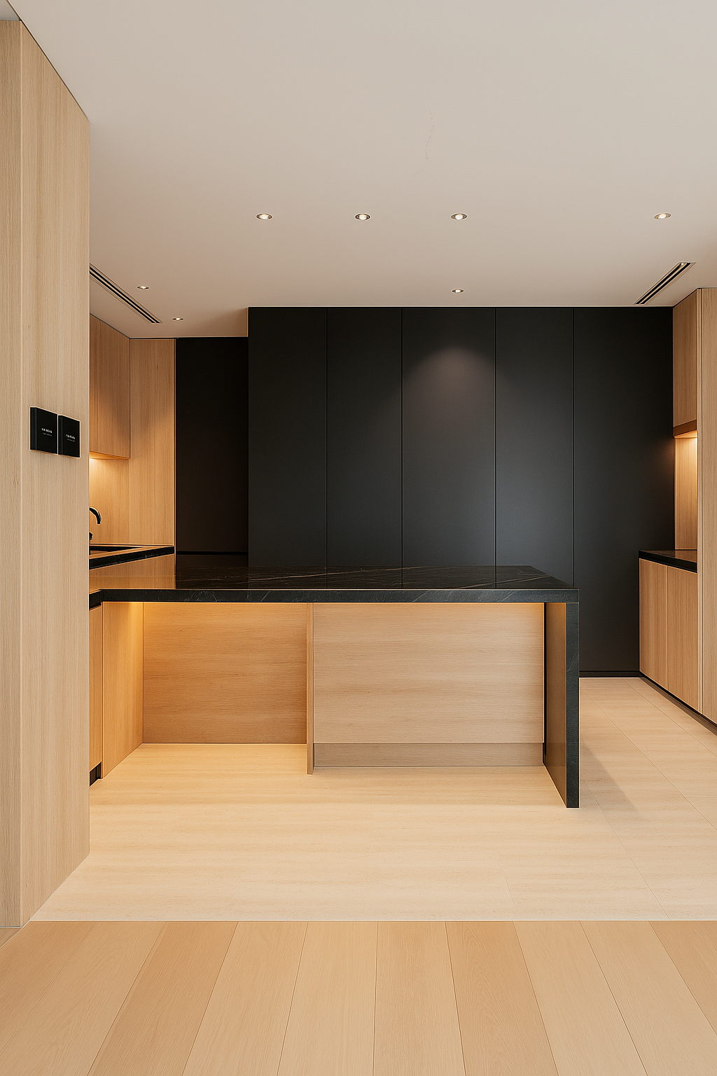 Modern minimalist kitchen with natural wood cabinets, selective matte-black accent panels, black marble island, and warm integrated lighting.