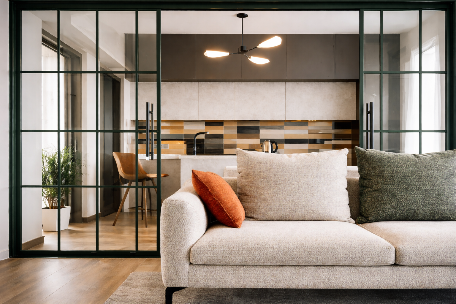 Contemporary open-plan living room with modern sofa, glass partition, updated lighting, and a sleek kitchen backdrop in warm neutral tones.