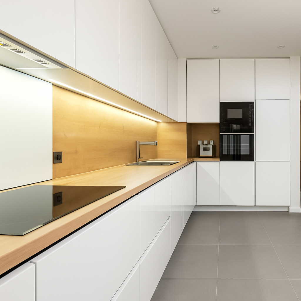 Modern kitchen with glossy white cabinets, wood countertop, clean surfaces, and contemporary grey flooring.