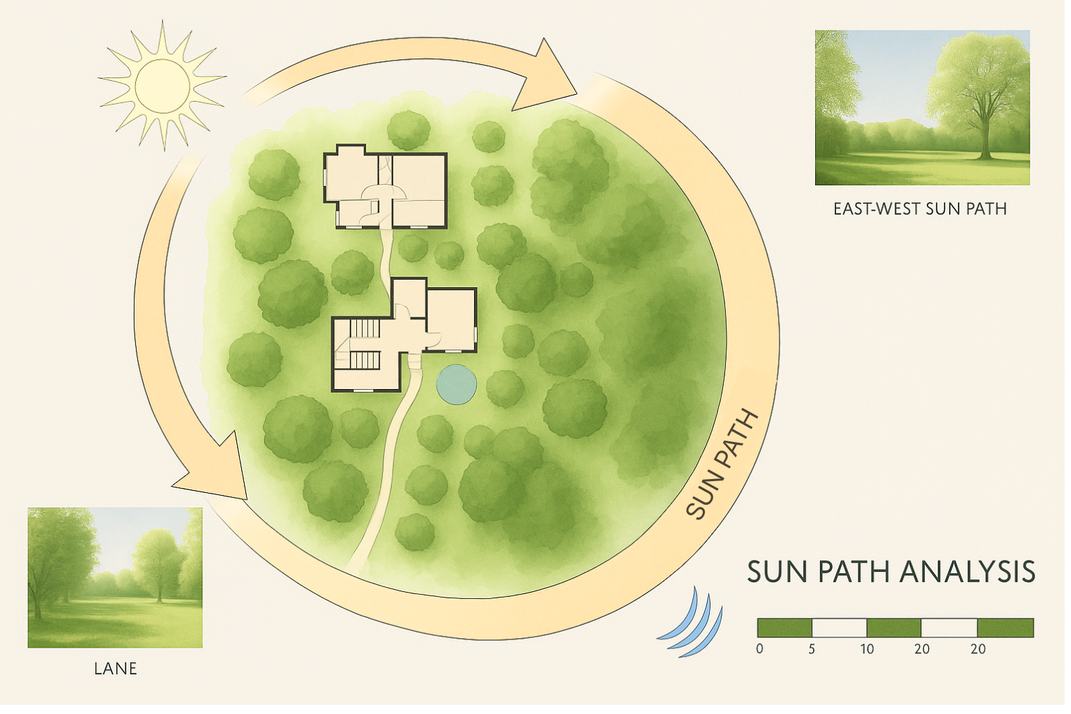 Sun path analysis diagram showing solar orientation on a residential site plan.