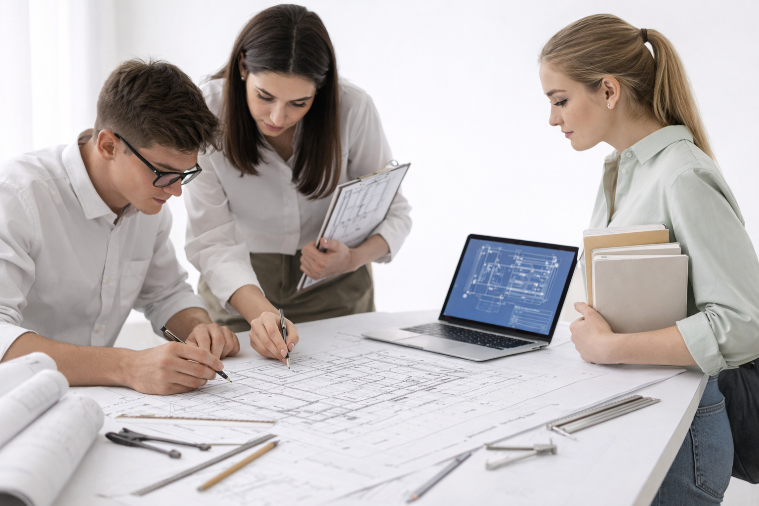Young architectural assistants collaborating over detailed floor plans at a large white table with a laptop and drafting tools.