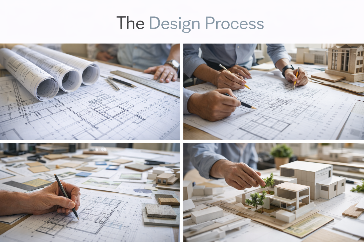 Collage showing the architectural design process from rolled construction drawings and team drafting over plans to sketching layouts and assembling a physical building model.