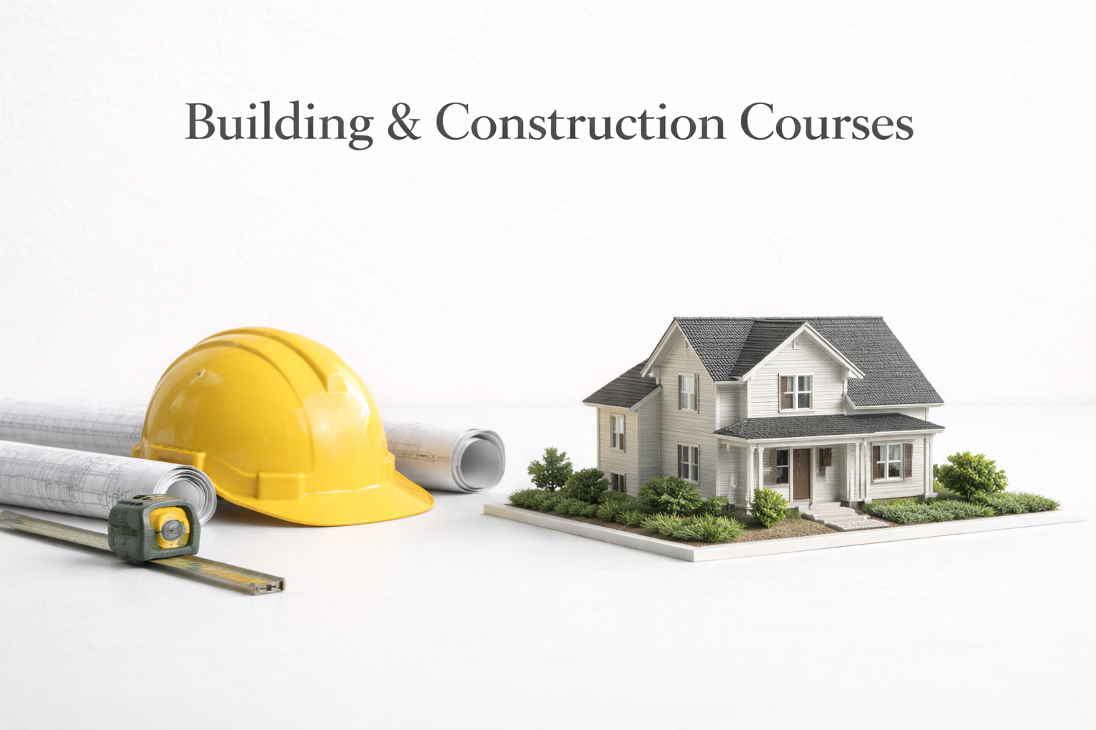 Building and construction courses banner with model house and hard hat.