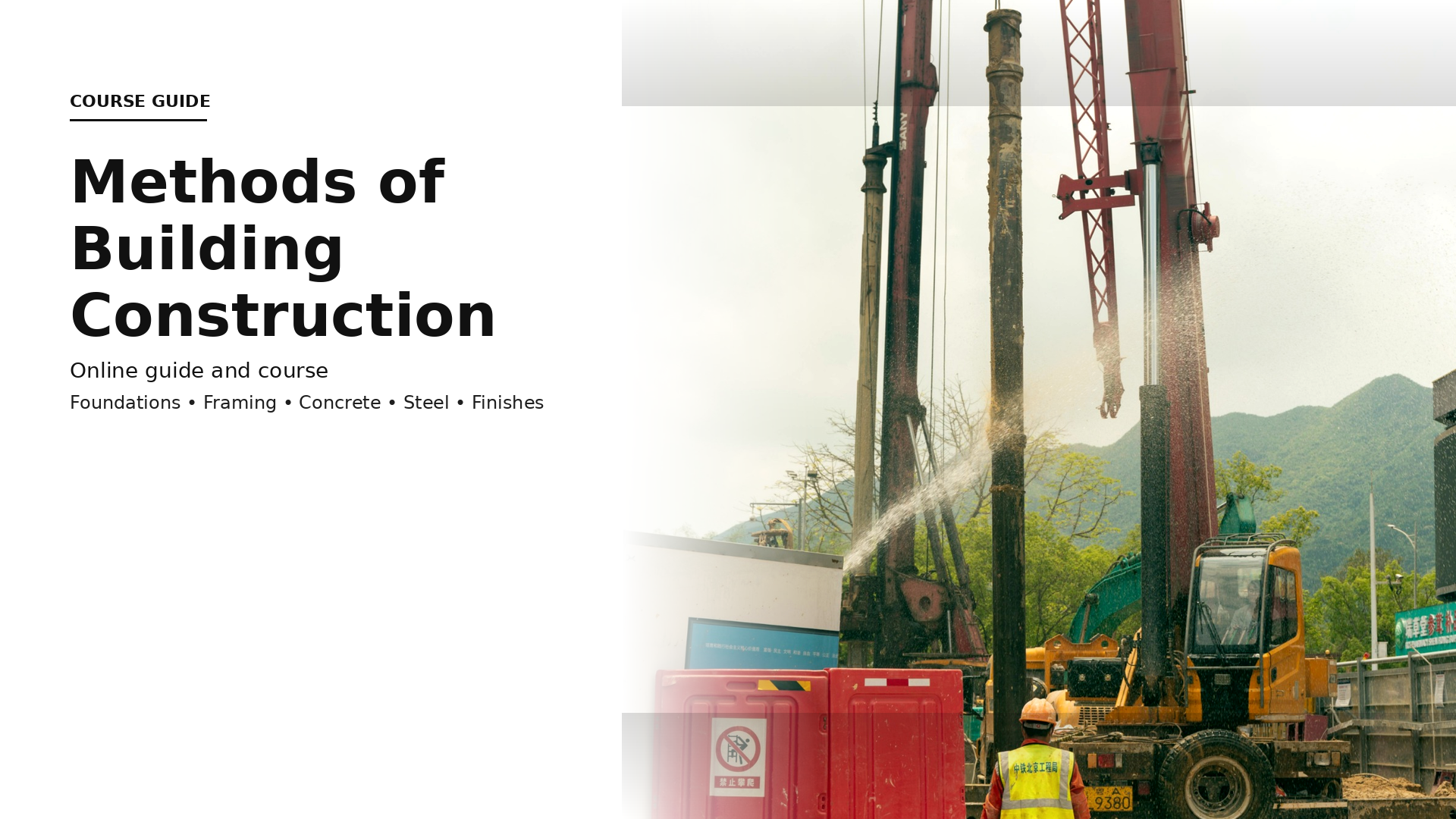 Foundation drilling and site setup. Methods of building construction cover showing foundation drilling rig.