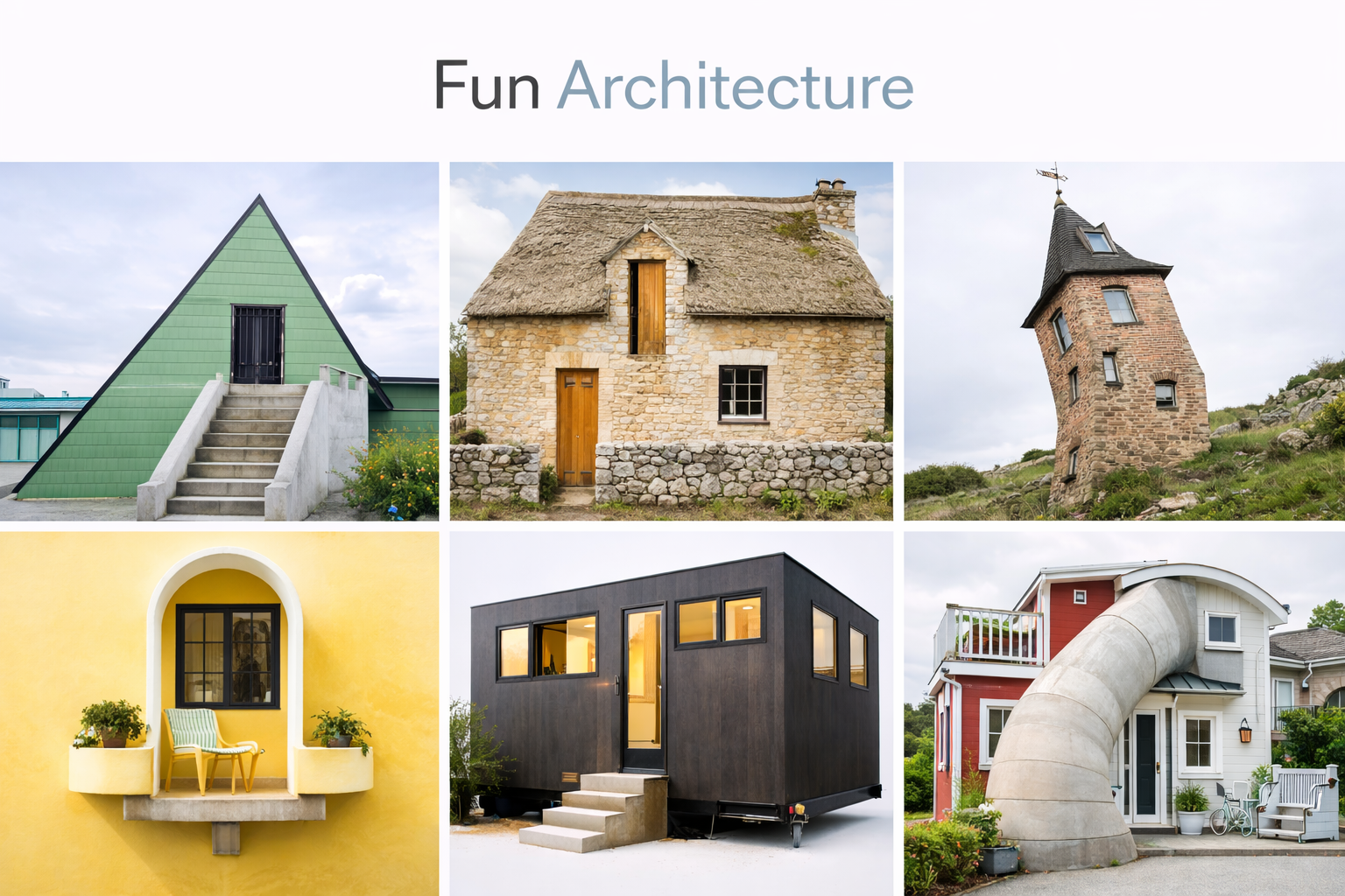 Collage of playful architectural examples including a green A-frame, stone cottage, leaning brick tower, yellow balcony façade, dark tiny house, and a home with a giant slide-like form.