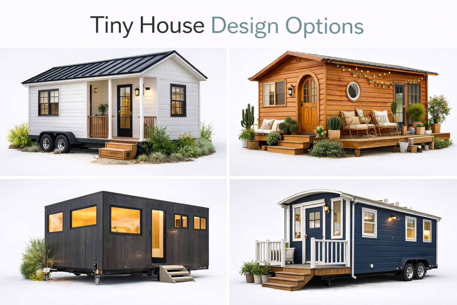 Four tiny homes in varied architectural styles—modern, rustic, cabin, and minimalist.