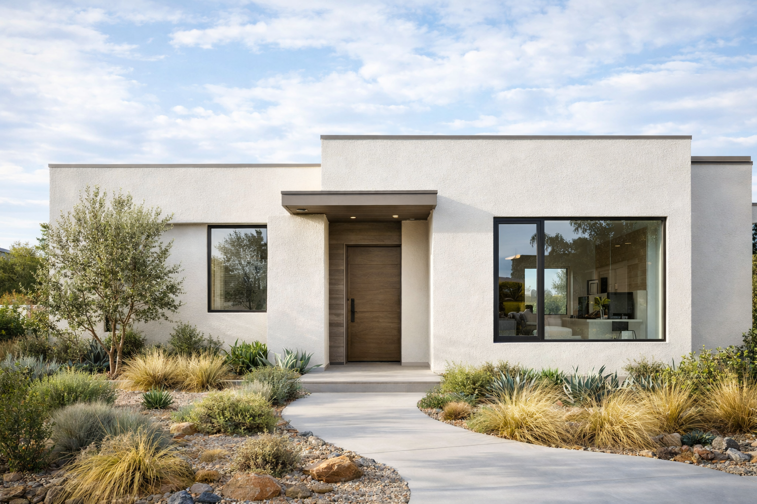 Modern white stucco house exterior with flat roof, large windows, and entry canopy.