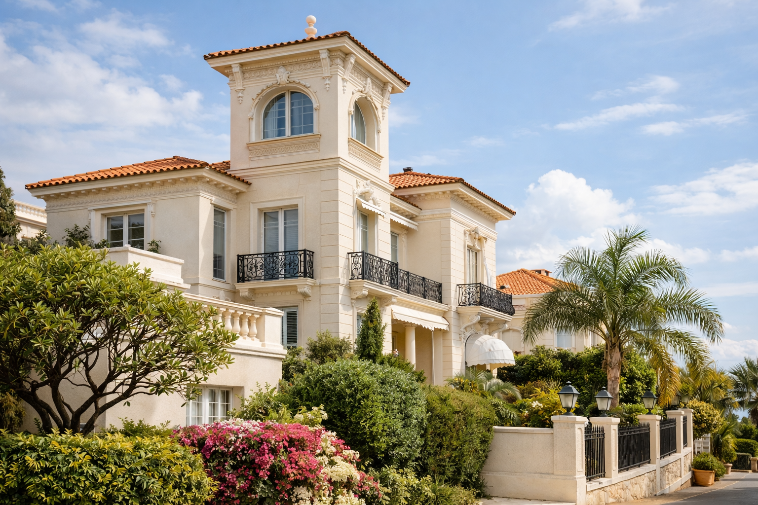 Mediterranean stucco villa exterior with tower, arched windows, and tile roof.