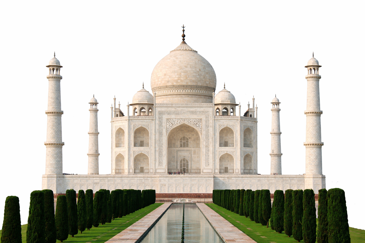 Front elevation of the Taj Mahal showing the central onion dome, four minarets, and perfect axial symmetry.