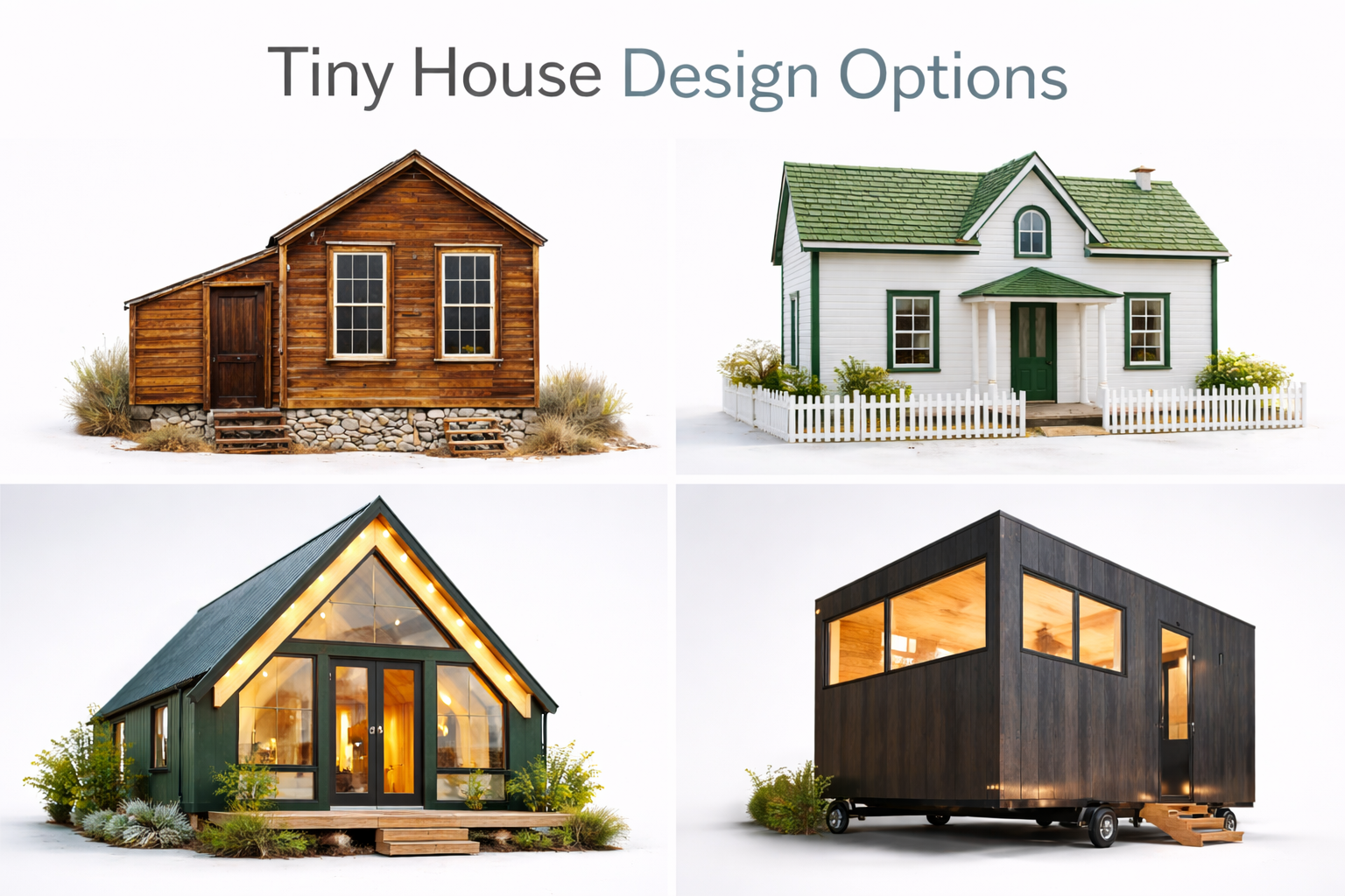 Collage of four tiny house designs—a rustic wood cabin, white cottage with green roof and picket fence, modern A-frame, and dark minimalist tiny home.