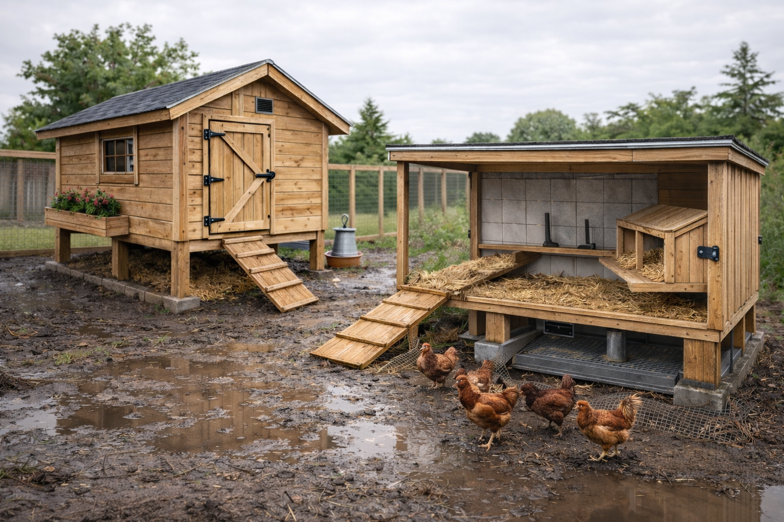 4x8 backyard chicken coop with raised floor, roof overhang, muddy ground after rain, hardware cloth apron and predator proof latches.