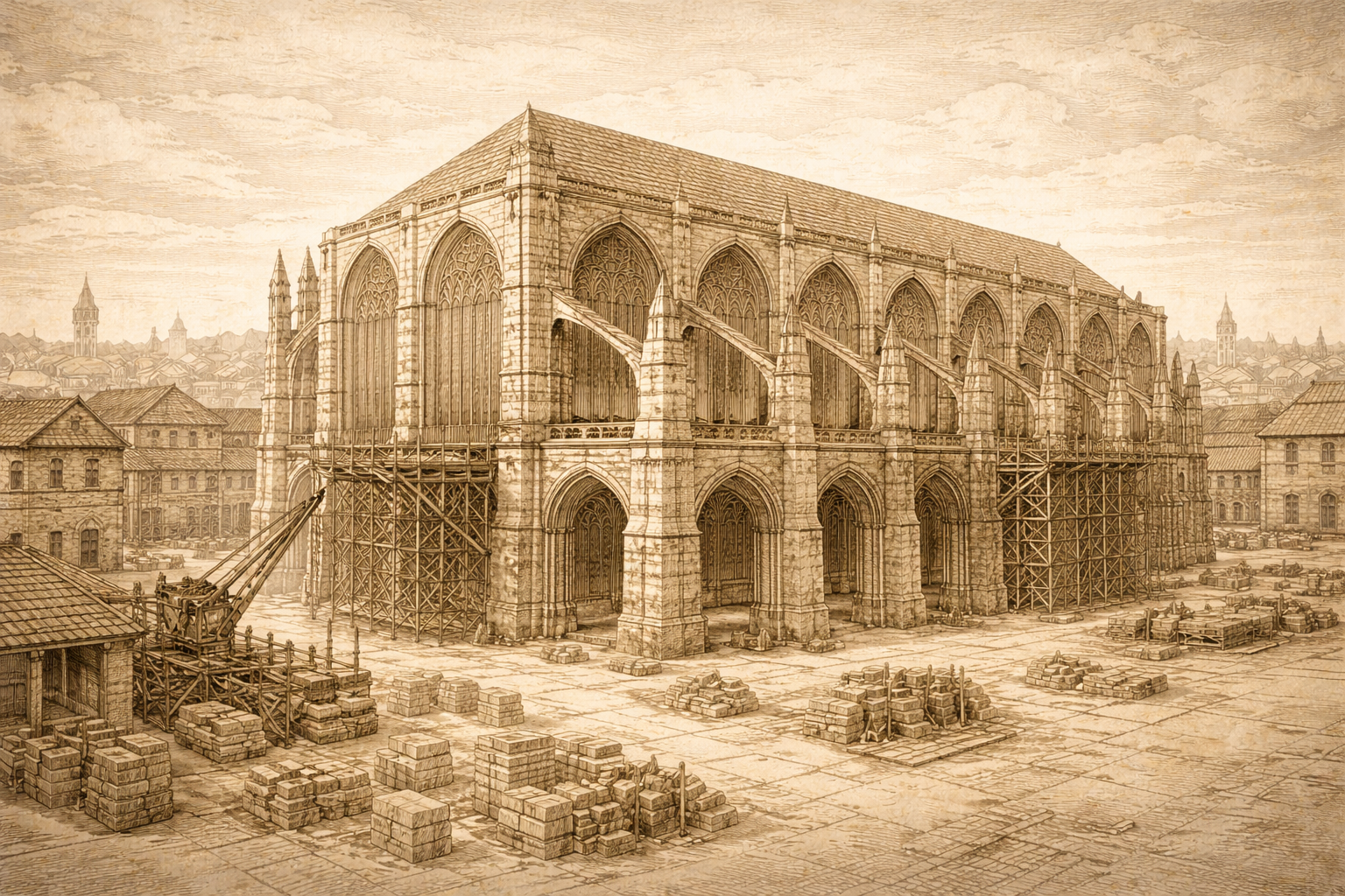 Sepia architectural illustration of a medieval civic hall under construction, showing buttresses, pointed arches, and scaffolding.