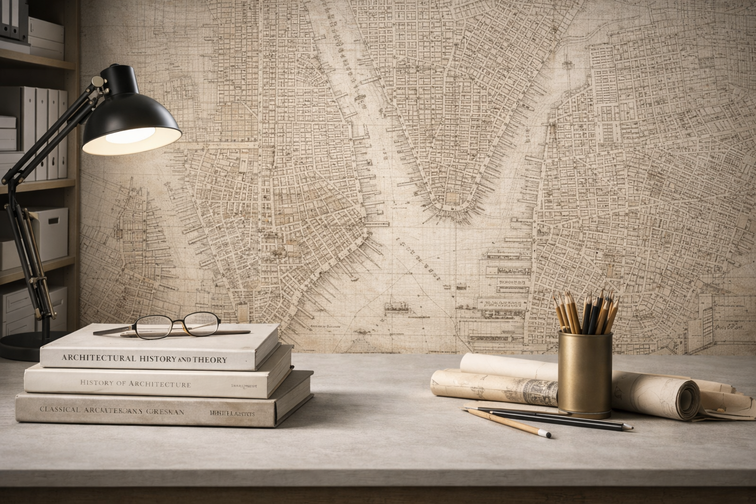 Architectural history office desk with stacked architecture books in front of a large vintage city map wall.