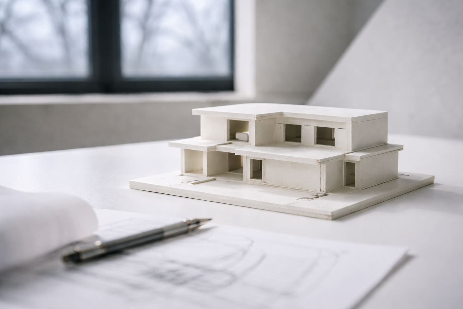 Close-up of architectural concept sketch drawn over grid lines showing basic form exploration and proportional study.