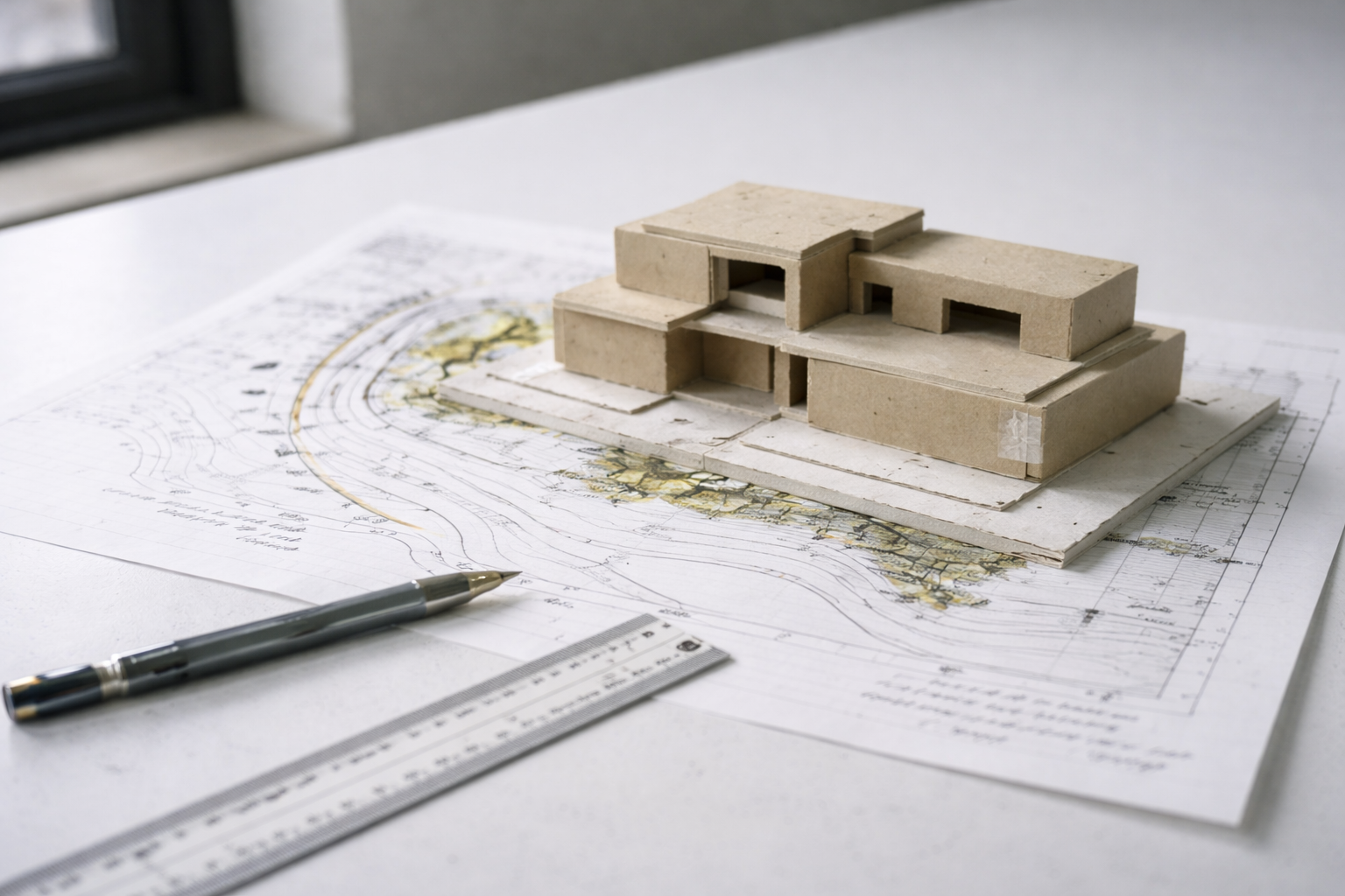 Handmade cardboard architectural model placed on a site analysis drawing with contour lines in a studio workspace.