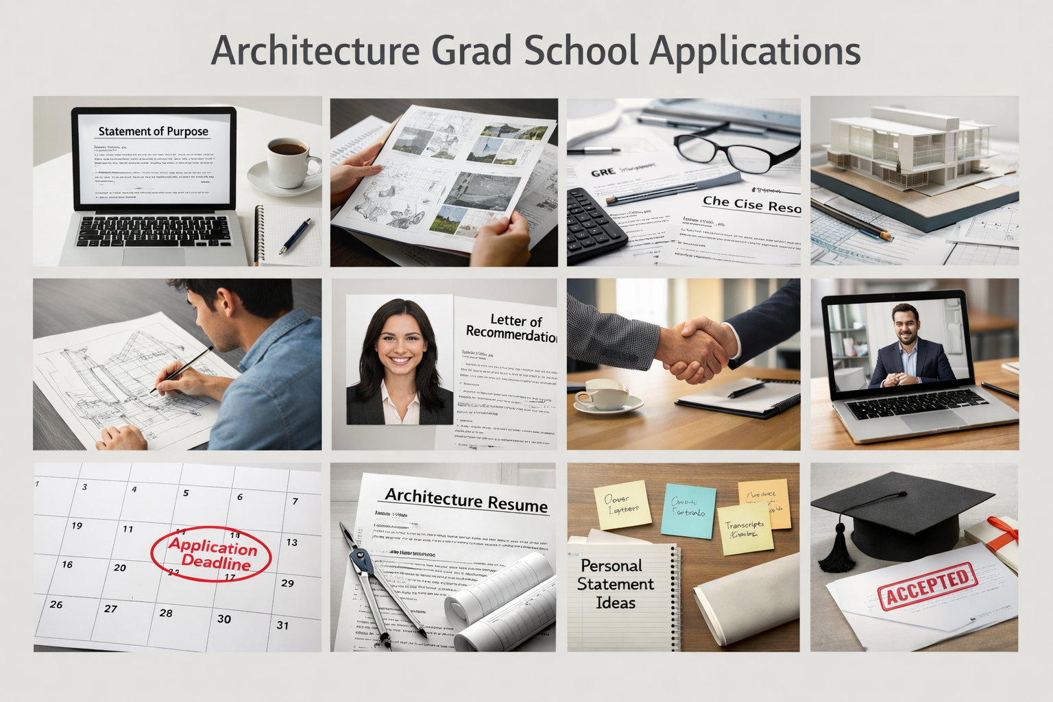 Grid collage of architecture grad app essentials: SOP, portfolio, deadlines.