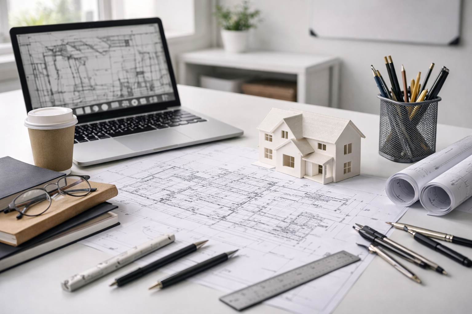 White desk with architectural blueprints, pencils, and a house model in a bright classroom setting.