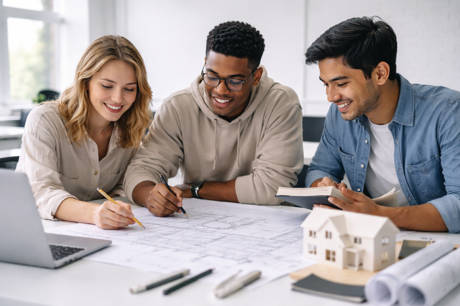 Three students reviewing architectural drawings and a small house model in a design studio.