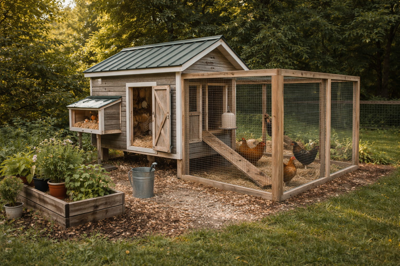 A backyard chicken shelter with outdoor runs.