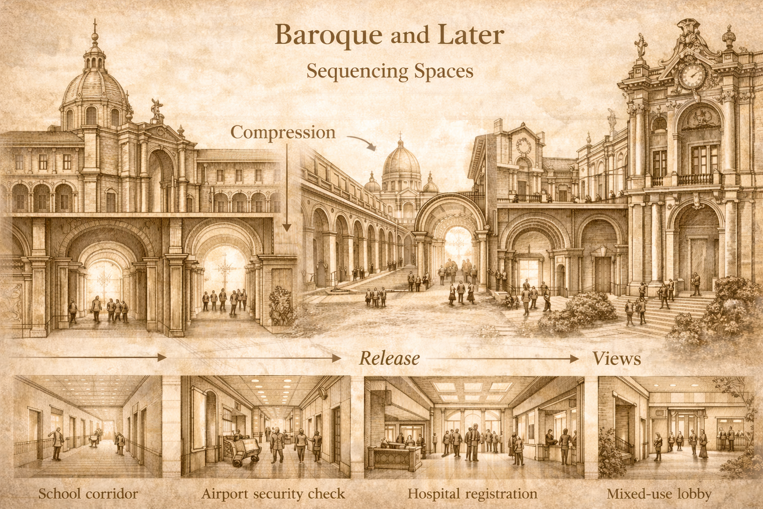 Sepia illustration of Baroque urban space demonstrating compression and release through layered thresholds.