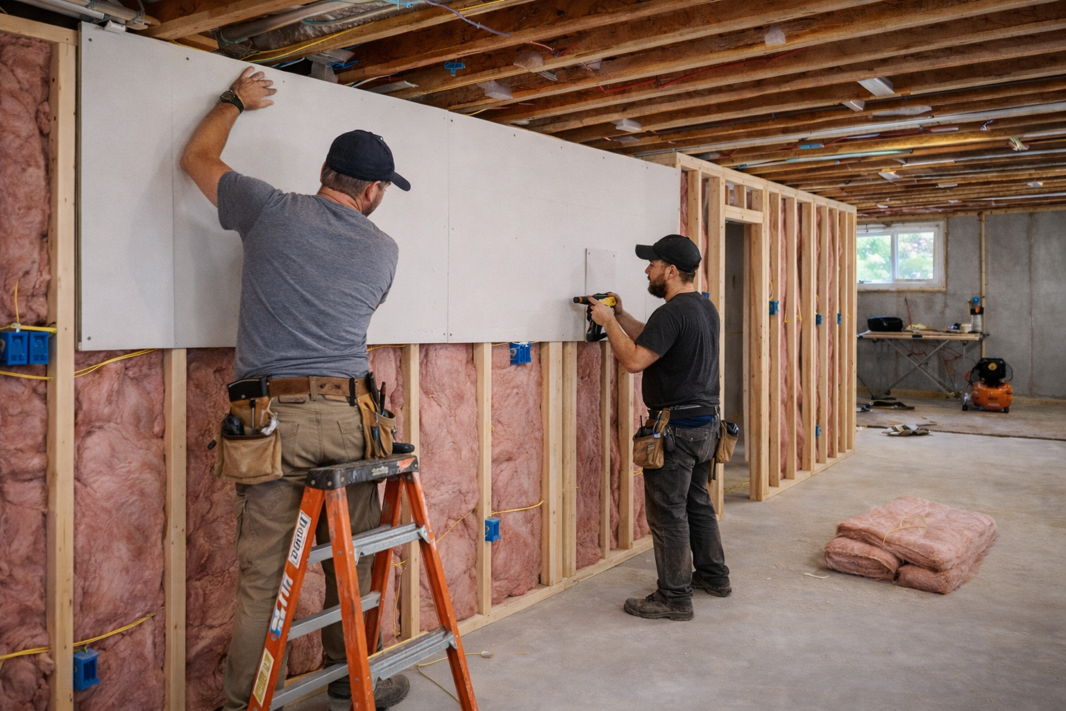 Hanging drywall in a basement after framing and electrical rough-in