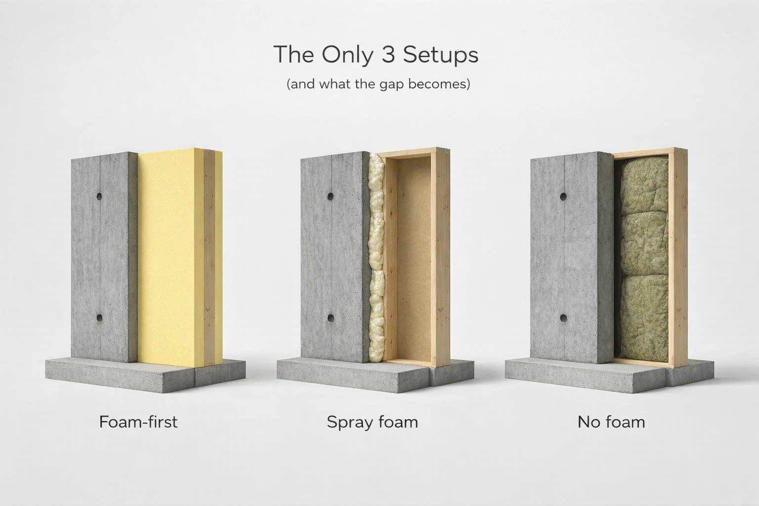 Three basement wall setups showing foam-first, spray foam, and no-foam framing with an air gap behind the stud wall.