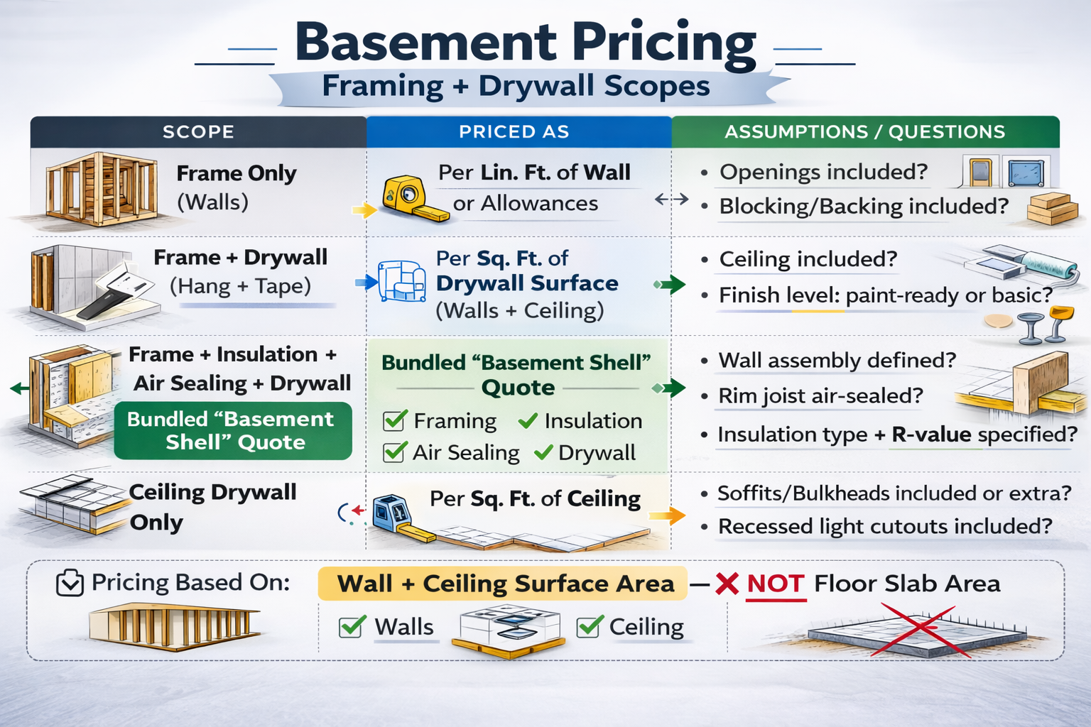 Basement framing and drywall pricing table showing scopes, pricing units, and questions to ask.