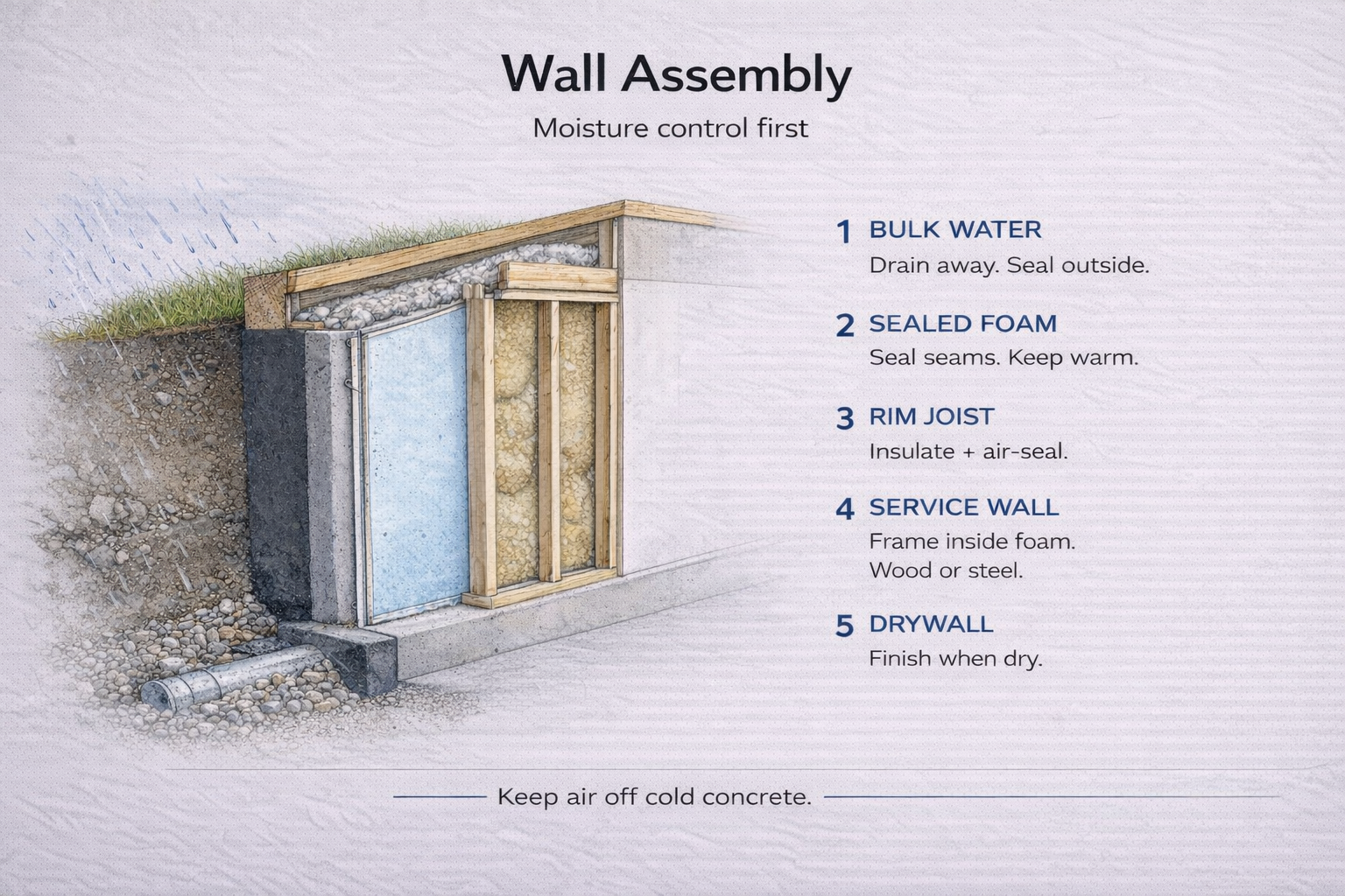 Cross-section of a proper basement wall assembly with foam insulation and interior framing.