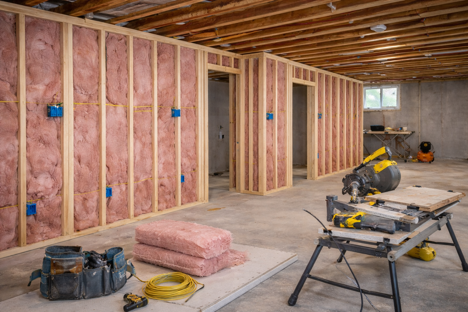 Unfinished basement with newly framed stud walls and insulation installed before drywall.
