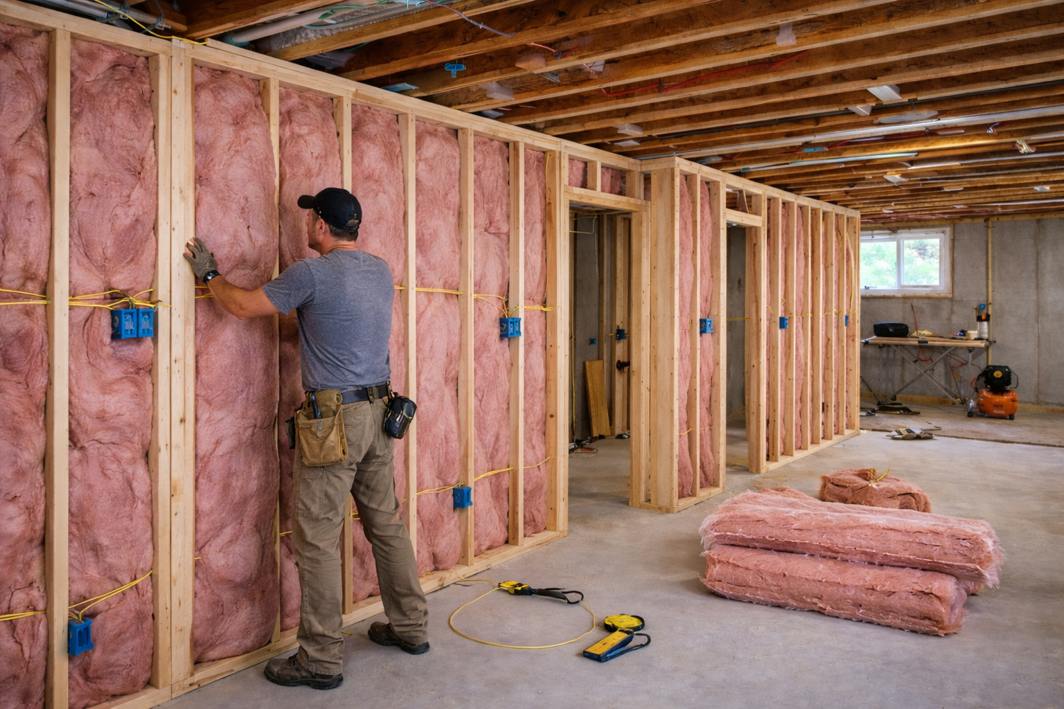 Basement wall framing with electrical wiring and fiberglass insulation installed prior to drywall.