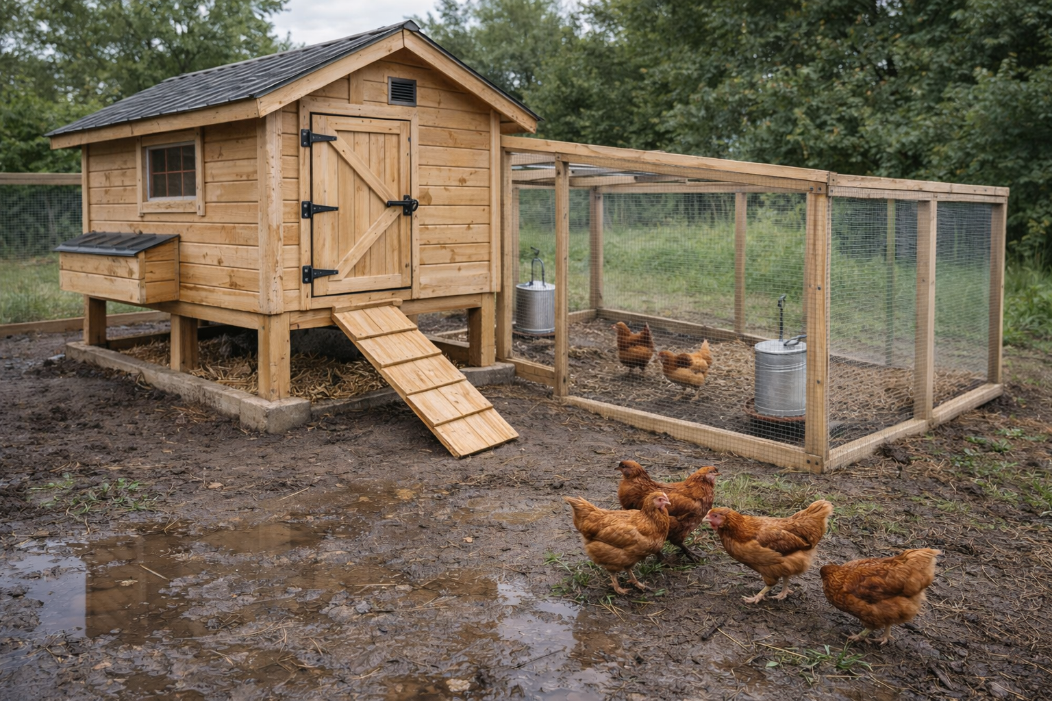backyard chicken coop and run during normal use with muddy ground, hardware cloth, visible fasteners and scattered straw.