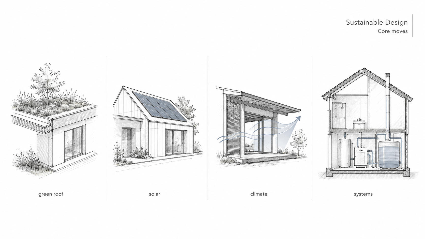 Sustainable design diagram showing a green roof, solar panels, climate-responsive shading and airflow, and efficient building systems.