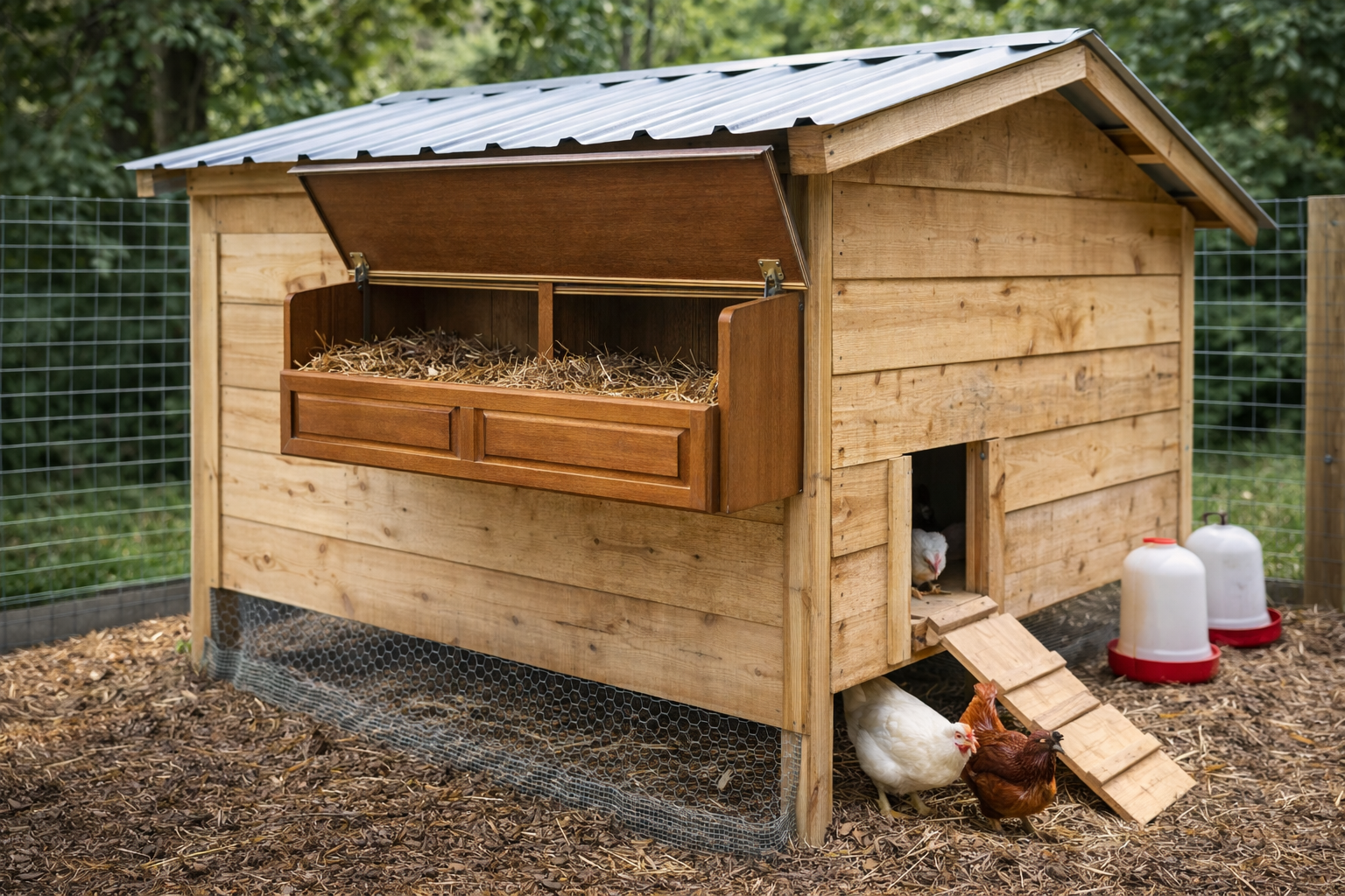 Lean-to chicken coop with repurposed cabinet nest box and hinged exterior lid.
