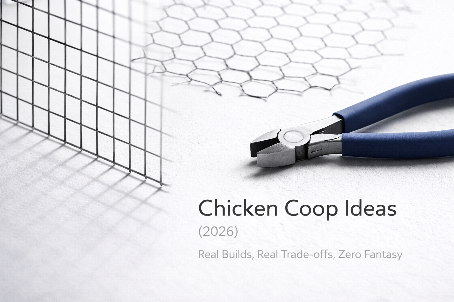 Close-up of hardware cloth and chicken wire with pliers, showing predator-proof chicken coop materials.