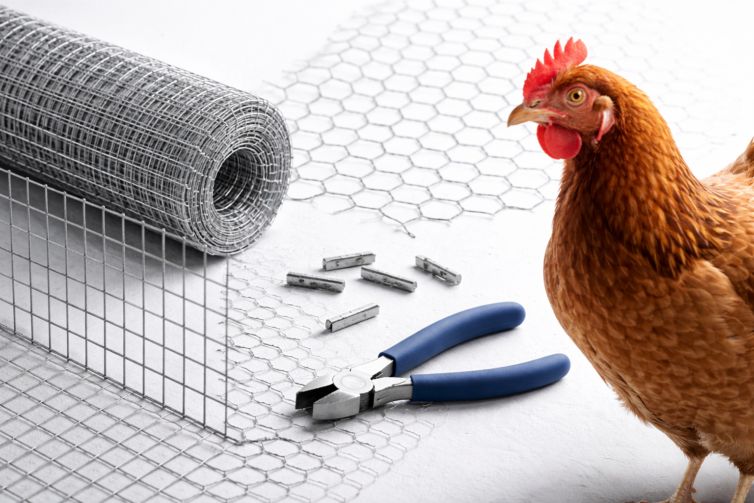 Hen beside hardware cloth roll and wire cutters - chicken coop predator-proofing materials.