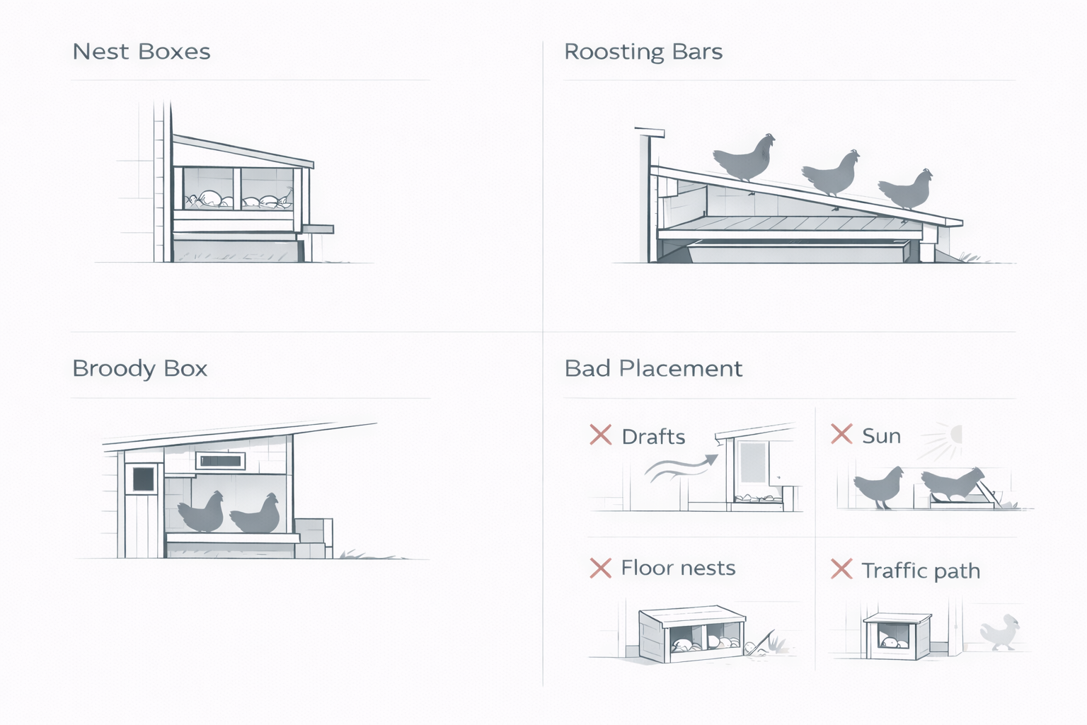 Technical chicken coop interior layout diagram with nest boxes, roosting bars, broody box, and bad placement.