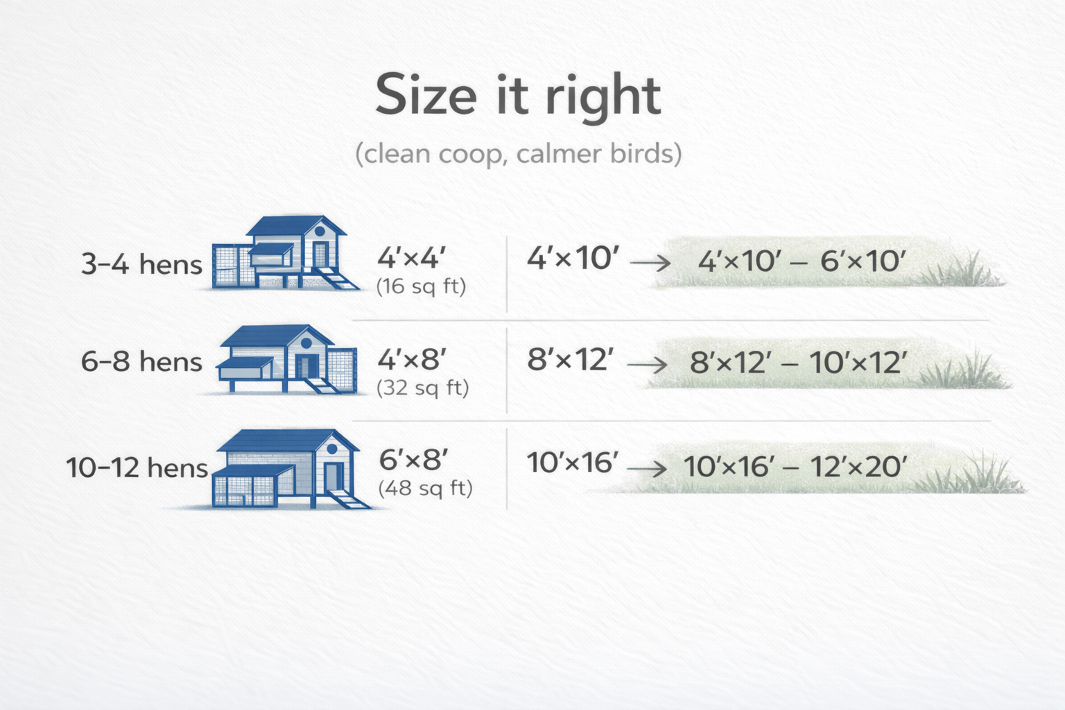 Chicken coop and run sizing chart for 3–4, 6–8, and 10–12 hens with recommended footprints and run ranges.