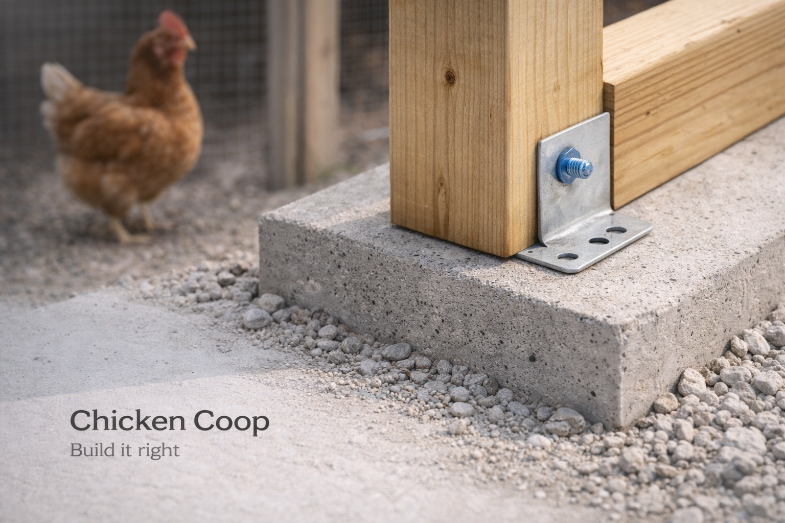 Chicken coop foundation detail with anchored post and gravel base.