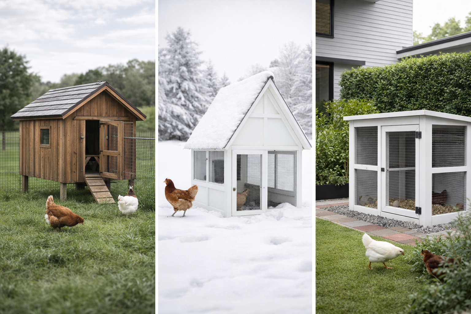 Three chicken coop styles shown in grassy field, snowy yard, and modern backyard settings.