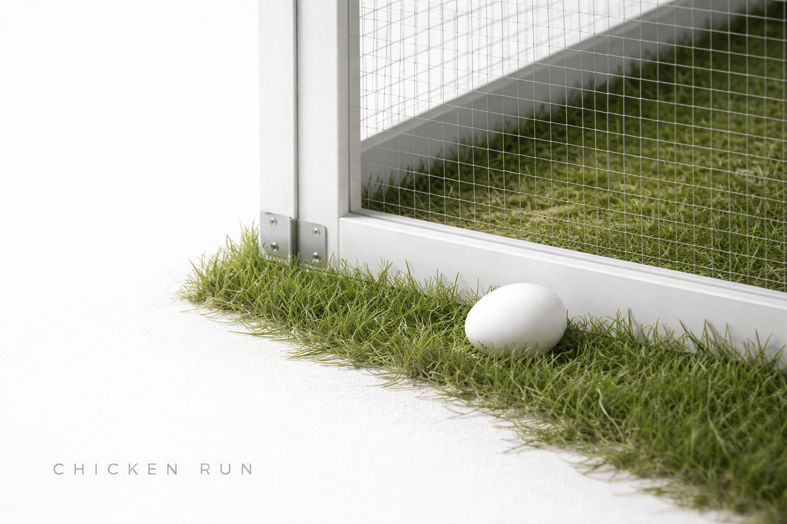 Chicken run base detail with hardware cloth panel, grass strip, and white egg.
